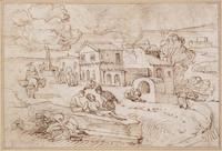 K V 020
<br/>
Dorpsplein met figuren
<br/>
<em>Grimaldi, Giovanni Francesco (1606-1680)</em>
